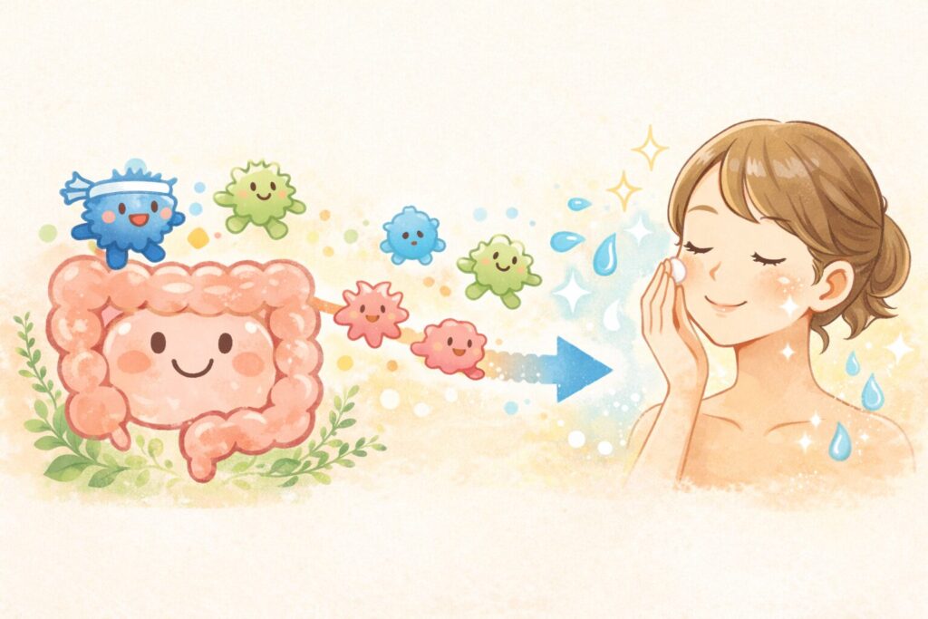 腸と肌の関係を示す腸内環境と肌バリアのイラスト