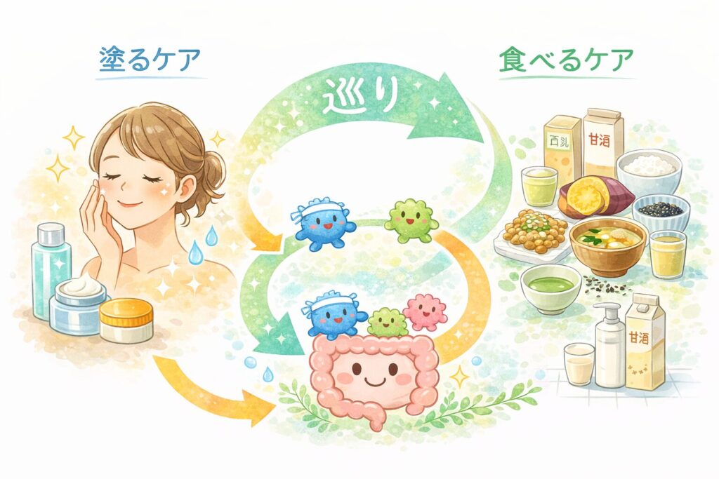 スキンケアと腸活の食事で肌を整える美容習慣のイラスト