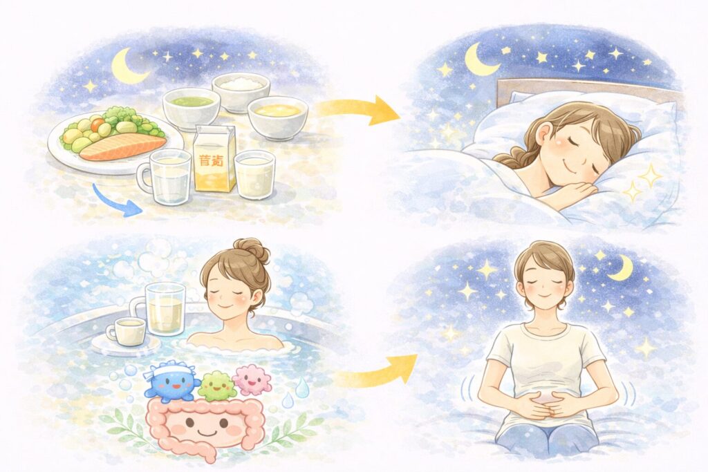 夜の腸活ルーティンを表したイラスト｜軽めの夕食・入浴後の温かい飲み物・深呼吸・睡眠