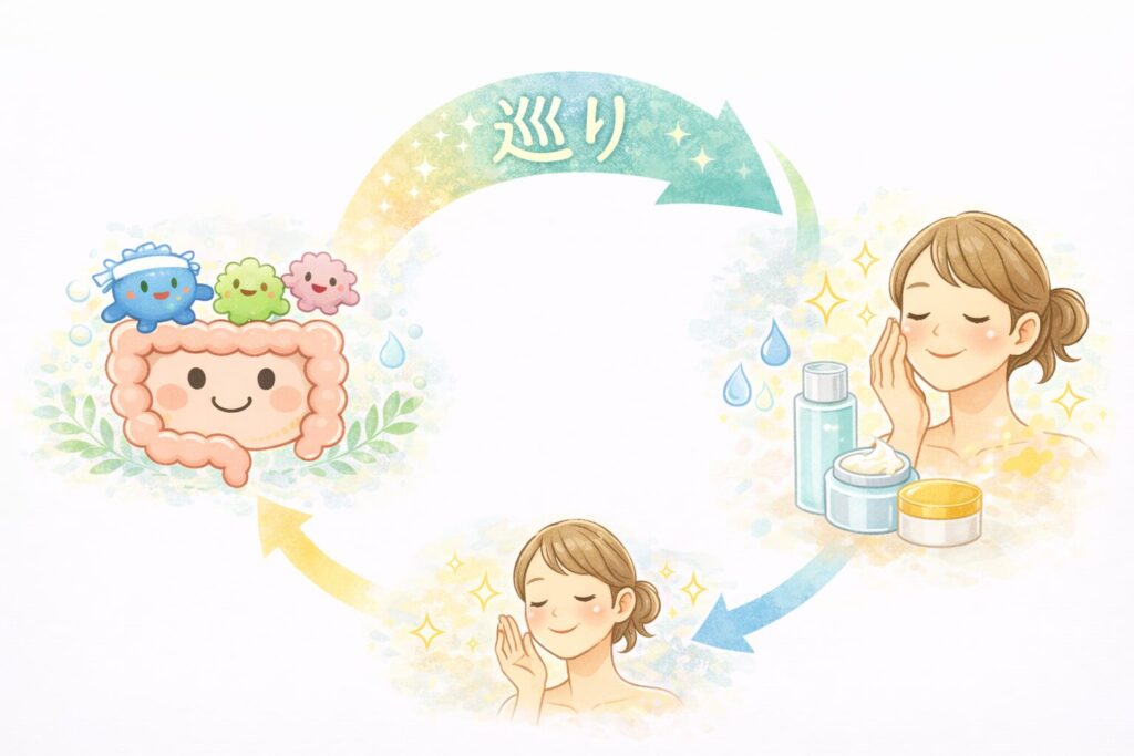腸内環境とスキンケアの巡りを表した腸活美容イラスト