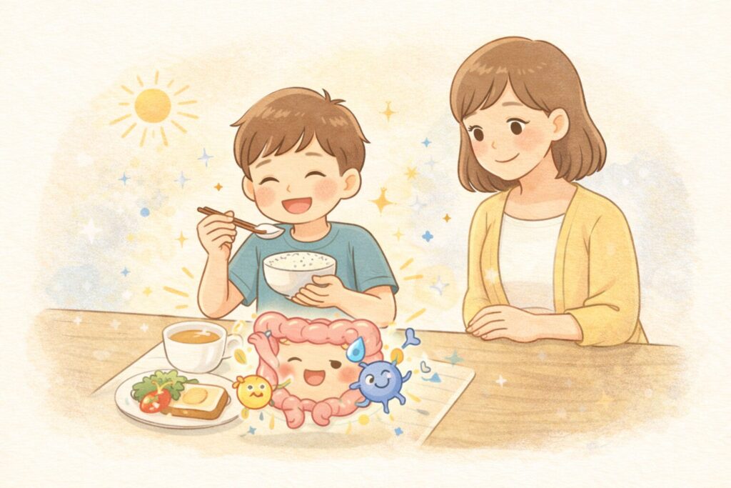 子どもの朝食で腸が目覚める様子と、善玉菌が働き始めるイメージイラスト