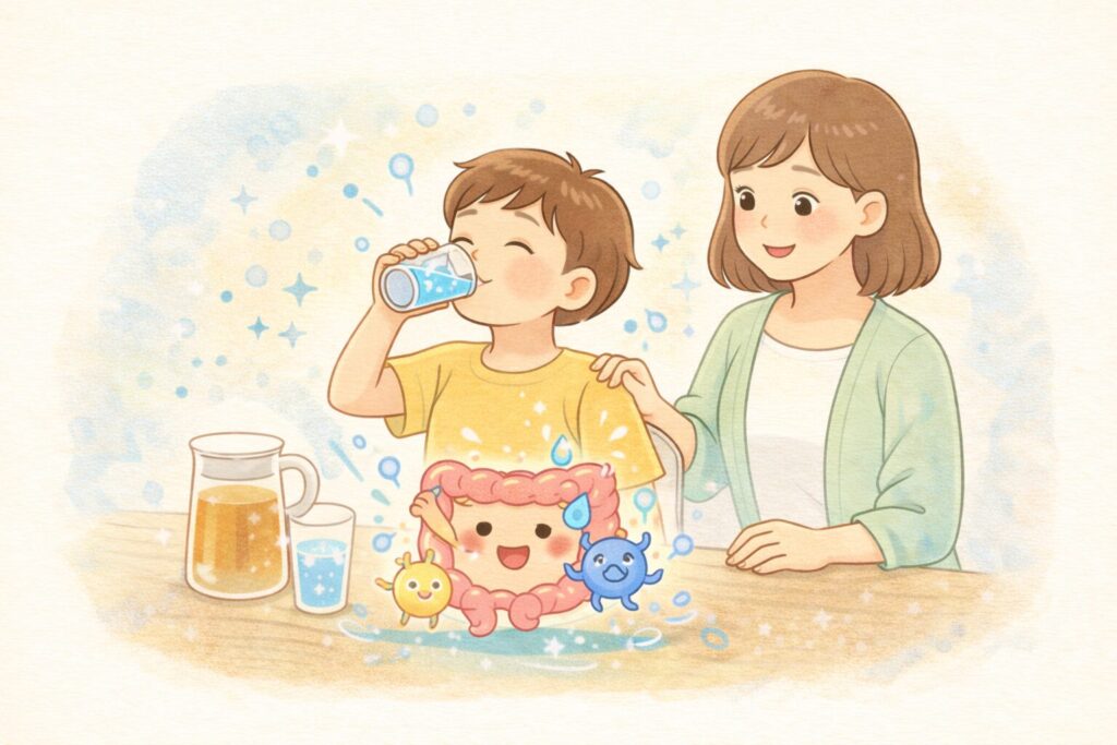 子どもの水分補給で腸内がうるおい、便通をサポートする様子を表したイラスト