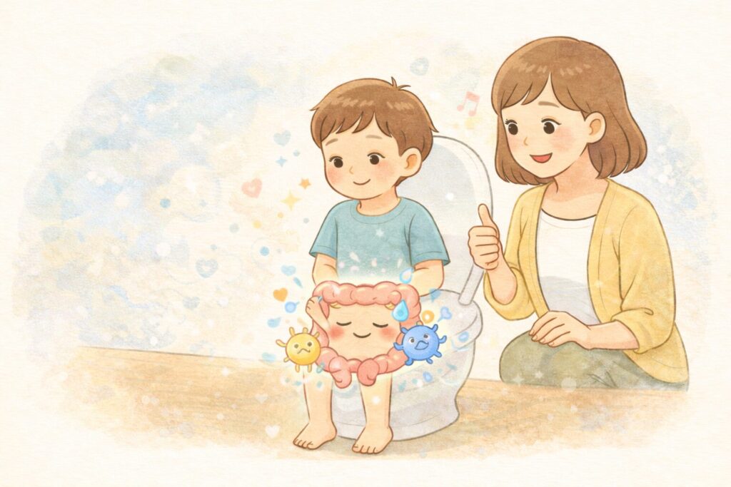 子どもが安心できるトイレ環境と、リラックスした腸内状態を表現したイラスト