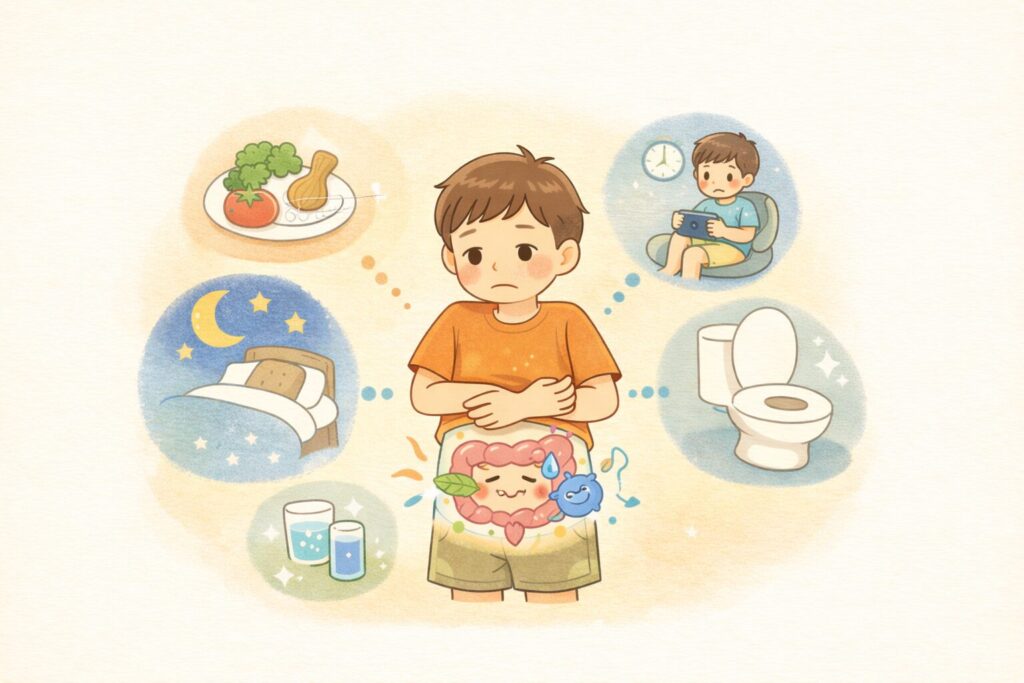 子どもの機能性便秘の原因イラスト。食事や水分不足、睡眠、トイレ習慣など生活習慣が腸内環境に影響する様子