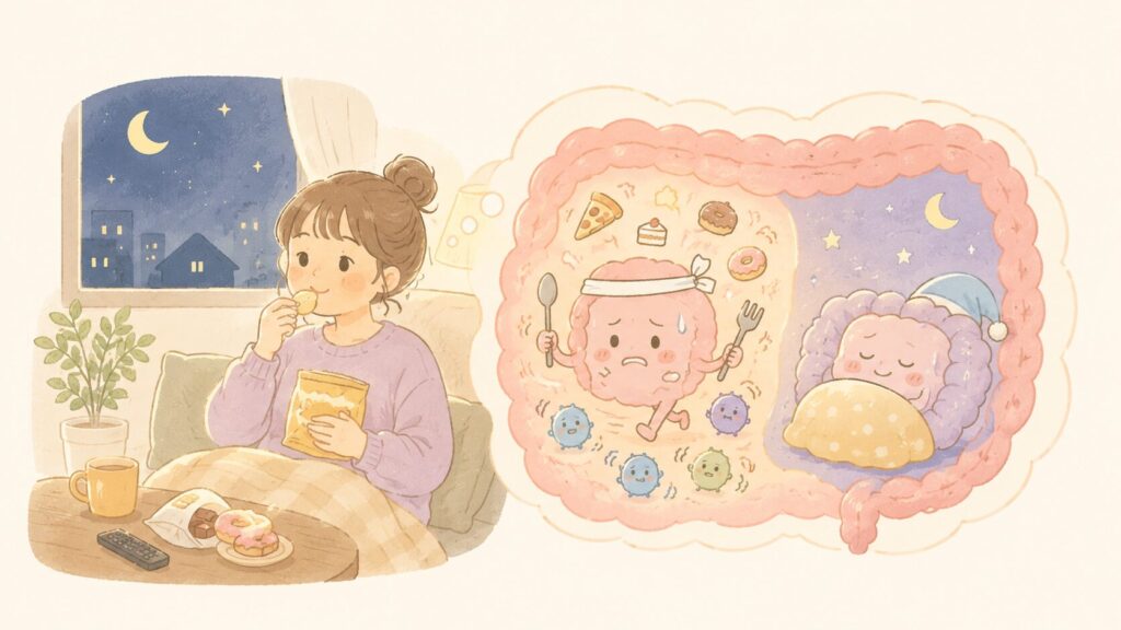 夜に食事をする女性と、休めずに働き続ける腸と眠っている腸の対比を表したイラスト