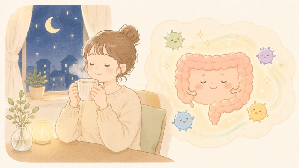 夜に温かい飲み物でリラックスする女性と、落ち着き始めた腸の様子を表したイラスト