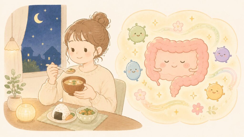 夜にやさしい食事をとる女性と、負担が少なく穏やかに働く腸の様子を表したイラスト