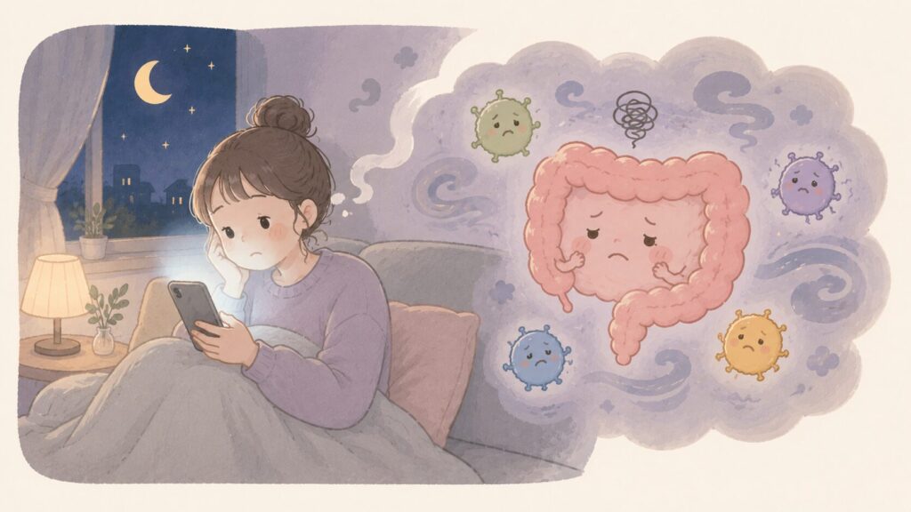 夜にスマホを見ながら気持ちのゆらぎを感じている女性と、少し乱れた腸の様子を表したイラスト