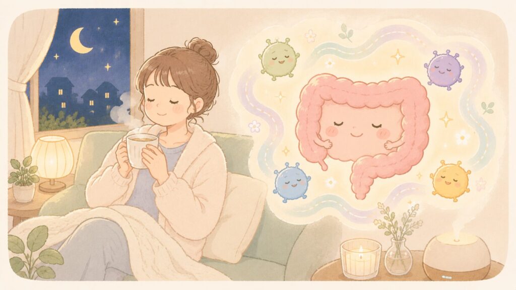 夜にリラックスして過ごす女性と、穏やかに休みに向かう腸の様子を表したイラスト