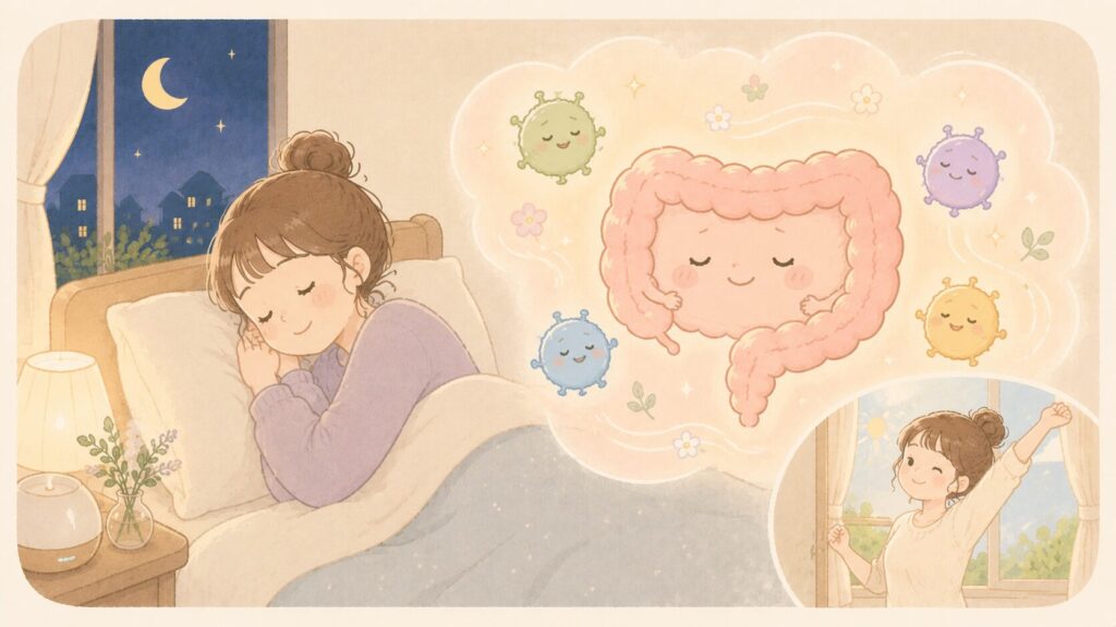 夜にぐっすり眠る女性と、休息して整った腸の様子を表したイラスト